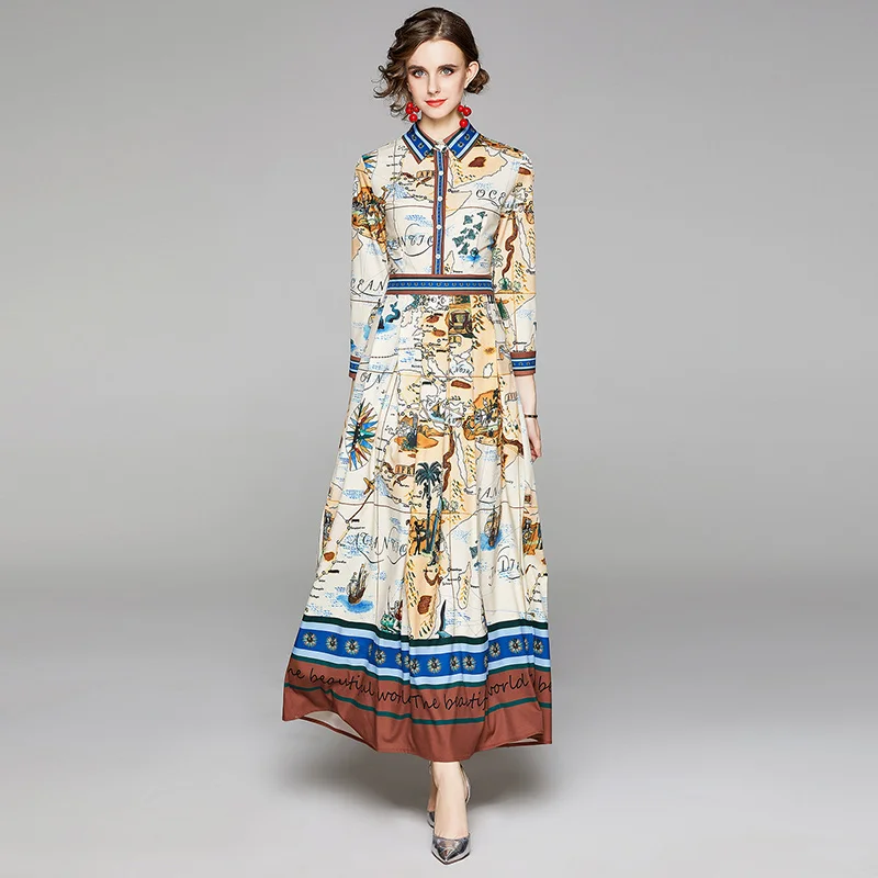 

Maxi Dresses for Women Autumn 2021 Cheap A-LINE Printing Ankle-Length Turn-down Collar Long Dresses for Women Vestidos De Mujer