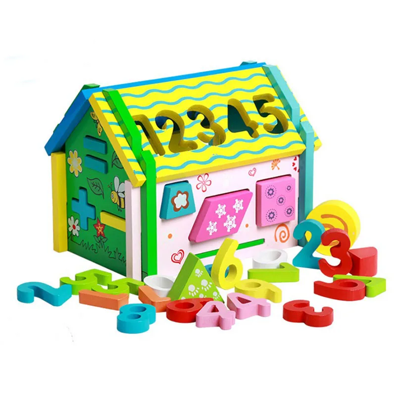 

Children form digital geometric correspondence wooden blocks game wooden wooden house puzzles of baby early educational learning