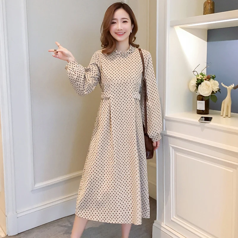 Платье для беременных и кормящих матерей осень-зима с длинным рукавом в горошек