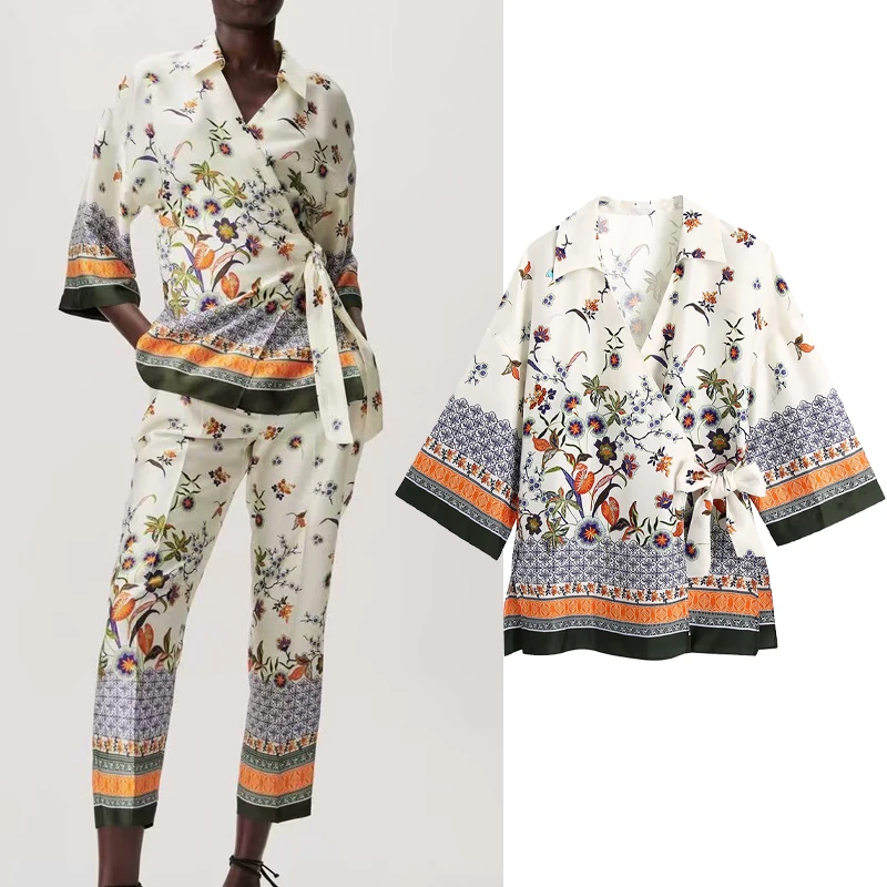 

Za Women Blouse Floral Print Summer Top Woman 2021 Long Kaftan Fashion Tied Long Sleeve Wrap Top Female Vintage Blouse