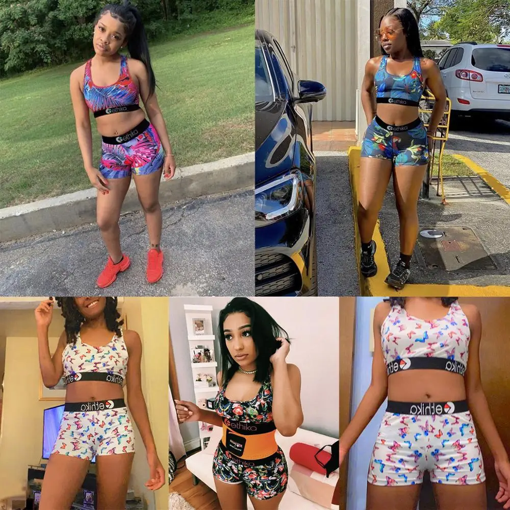 

ETHIKA 2021 Fashion Summer Sleeveless Short Pant Colorful Print 2PCs Set Gym Fiteness Beach Clothing Ladies Women Sets
