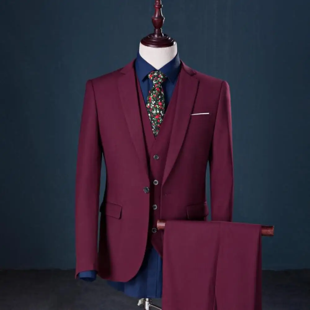 Solid Color Plus Size Mens Three-piece Blazer   Vest   Trousers Set Mens Business Social Banquet Formal Wear Dress