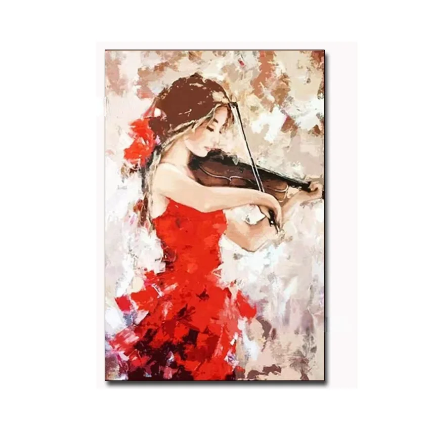 

No Framed Hand Painted Girl Playing Violin Impressionist Style Oil Painting On Canvas Hand-Painted Wall Decor Artwork Figure