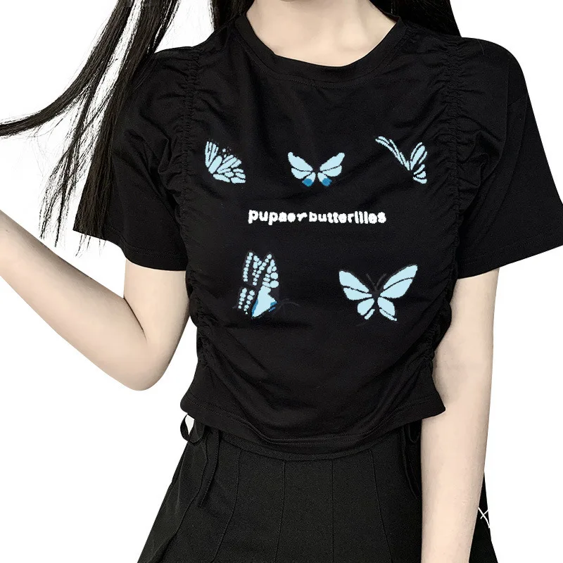 

Casual Butterfly Printed O-Neck Long Sleeve Tshirts Women Side Drawstring Ruched Black T-Shirt Female Y2k Tops Women Summer