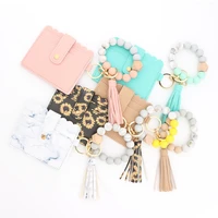 2021 card holder tassel elastic wooden silicone beads wristlet bangle keychain with wallet keyrings