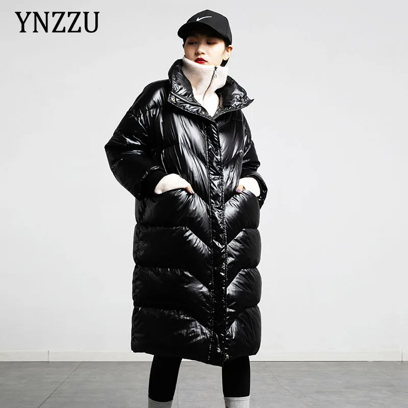 

2021 women's winter White duck down Bright jacket oversized knee length warm lady coat thicked stand collar fashion YNZZU 1O140