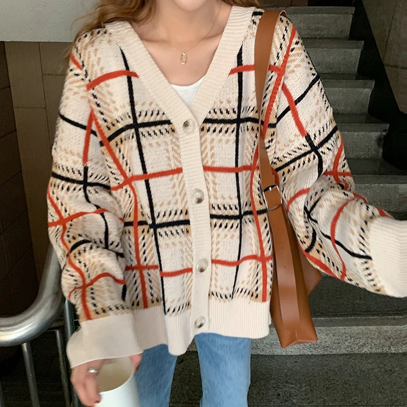 2019 осенний и зимний корейский стиль v-образный вырез клетчатый вязаный кардиган