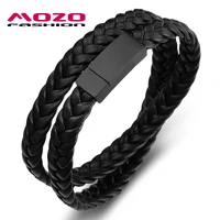 fashion men charm bracelets multilayer weaving leather stainless steel magnet buckle simple bangles