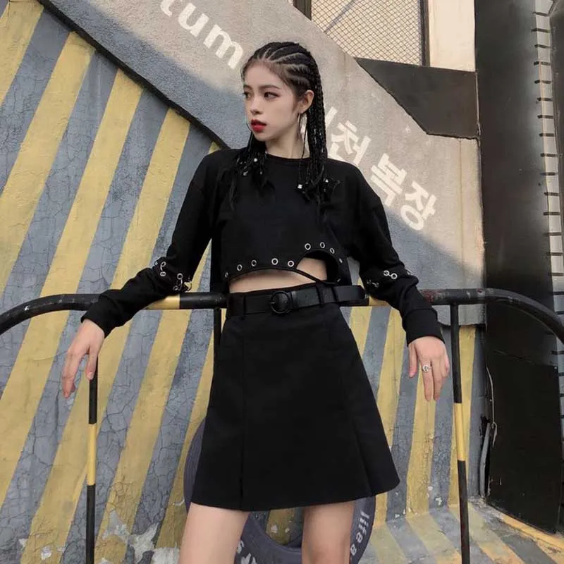 NiceMix женский винтажный черный комплект из двух предметов уличная одежда короткий