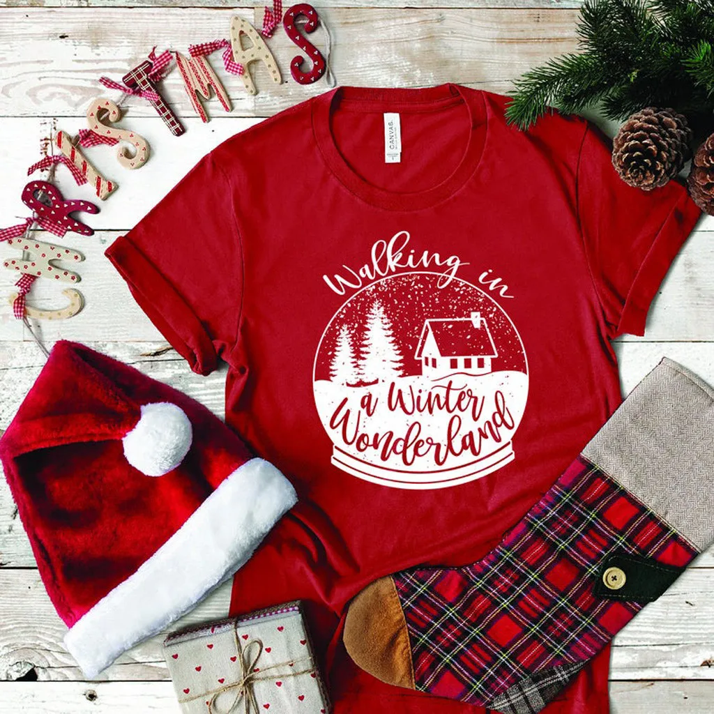 

2020 Christmas Women T-shirt Walking In A Winter Wonderland Print Cute Woman Tshirts Christmas Holiday Gift Tees Tops Clothes