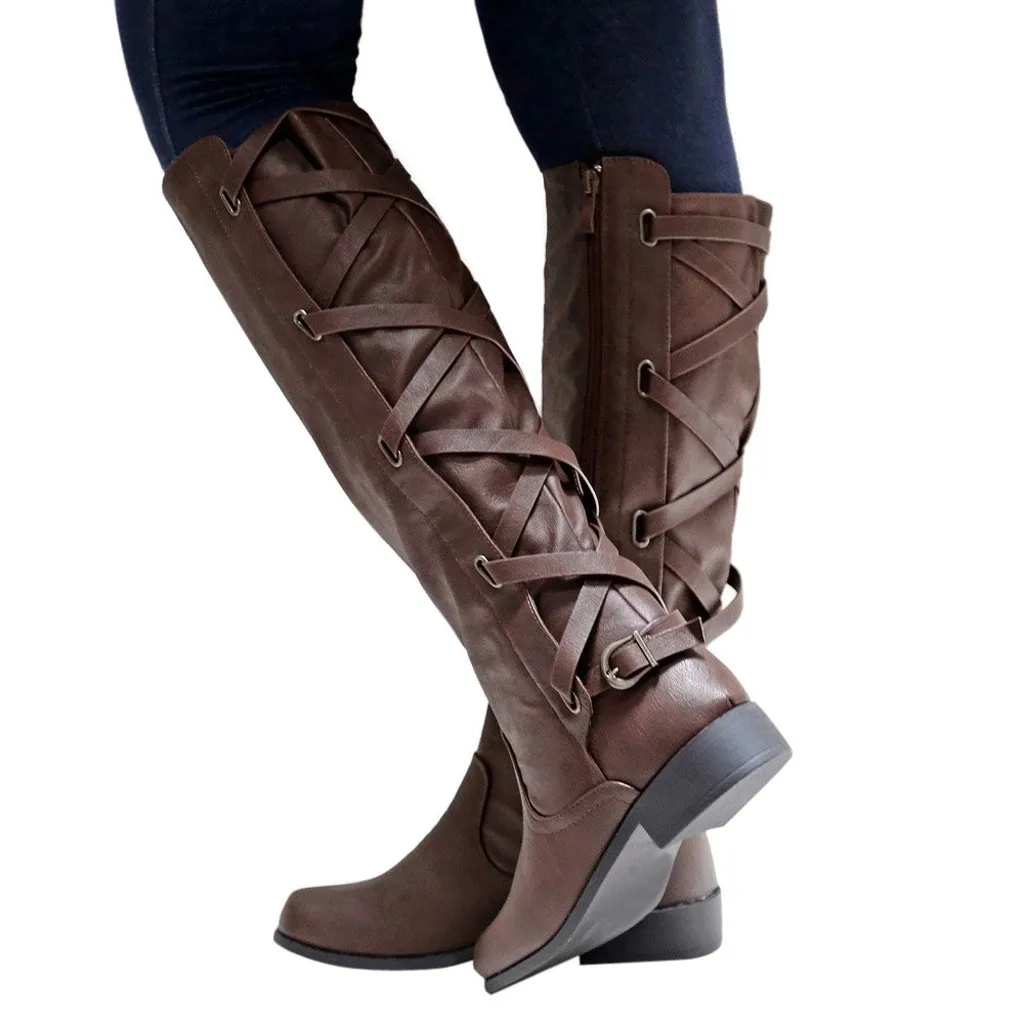 Обувь; женские ботинки; zapatos de mujer; женские ботинки; зимние высокие сапоги до колена с перекрестными ремешками; Теплая обувь в ковбойском стиле