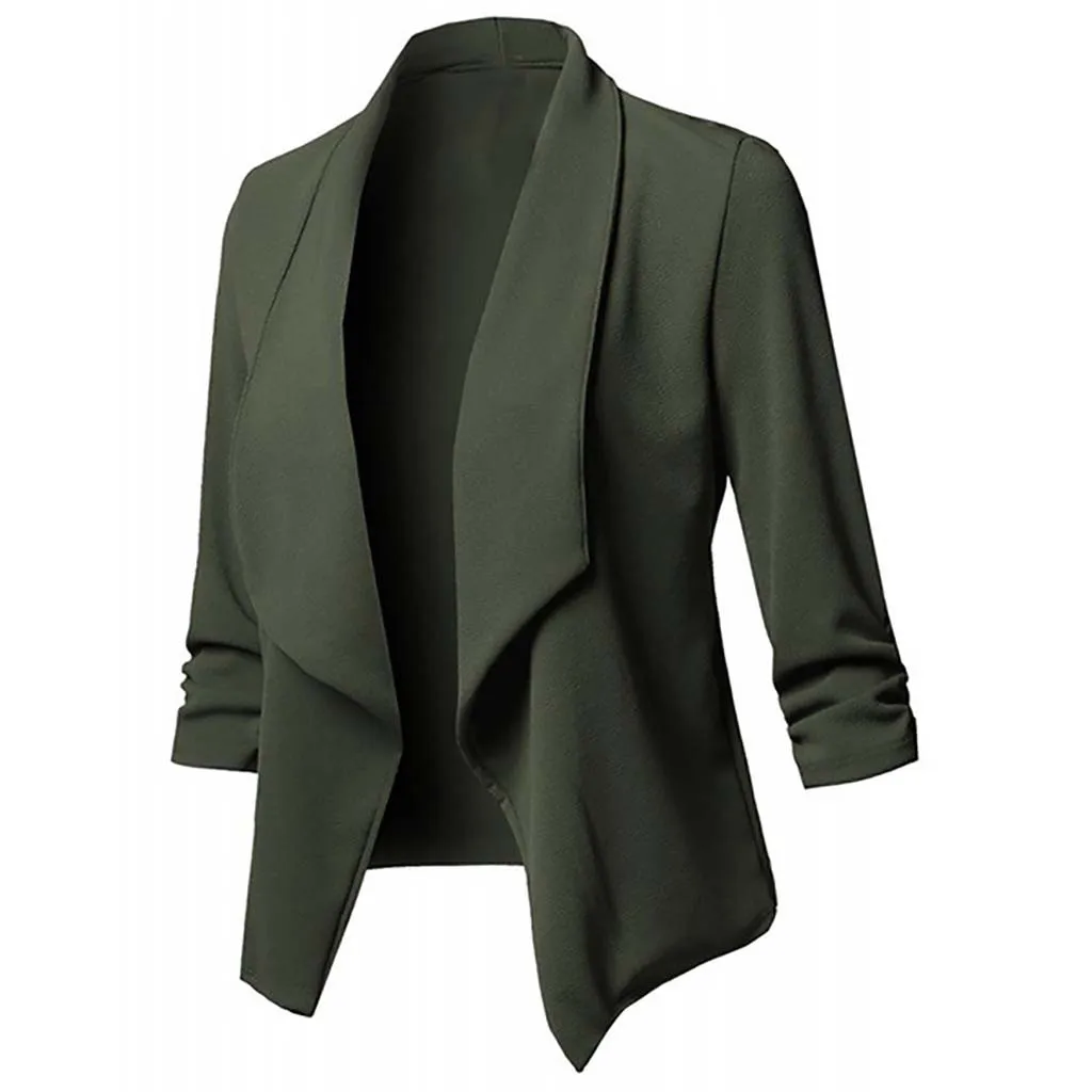 Army Green Autumn winter women's Casual long sleeve top Solid color Open Front Fold asymmetry Cardigan Jacket Coat L0808 - Цвет: Army Green