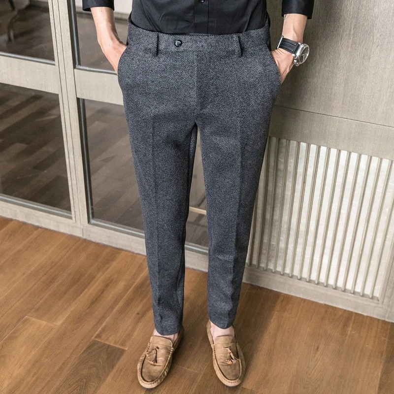 

Woolen Office Suit Pants Men Slim British Style Wool Business Formal Dress Trousers 2021