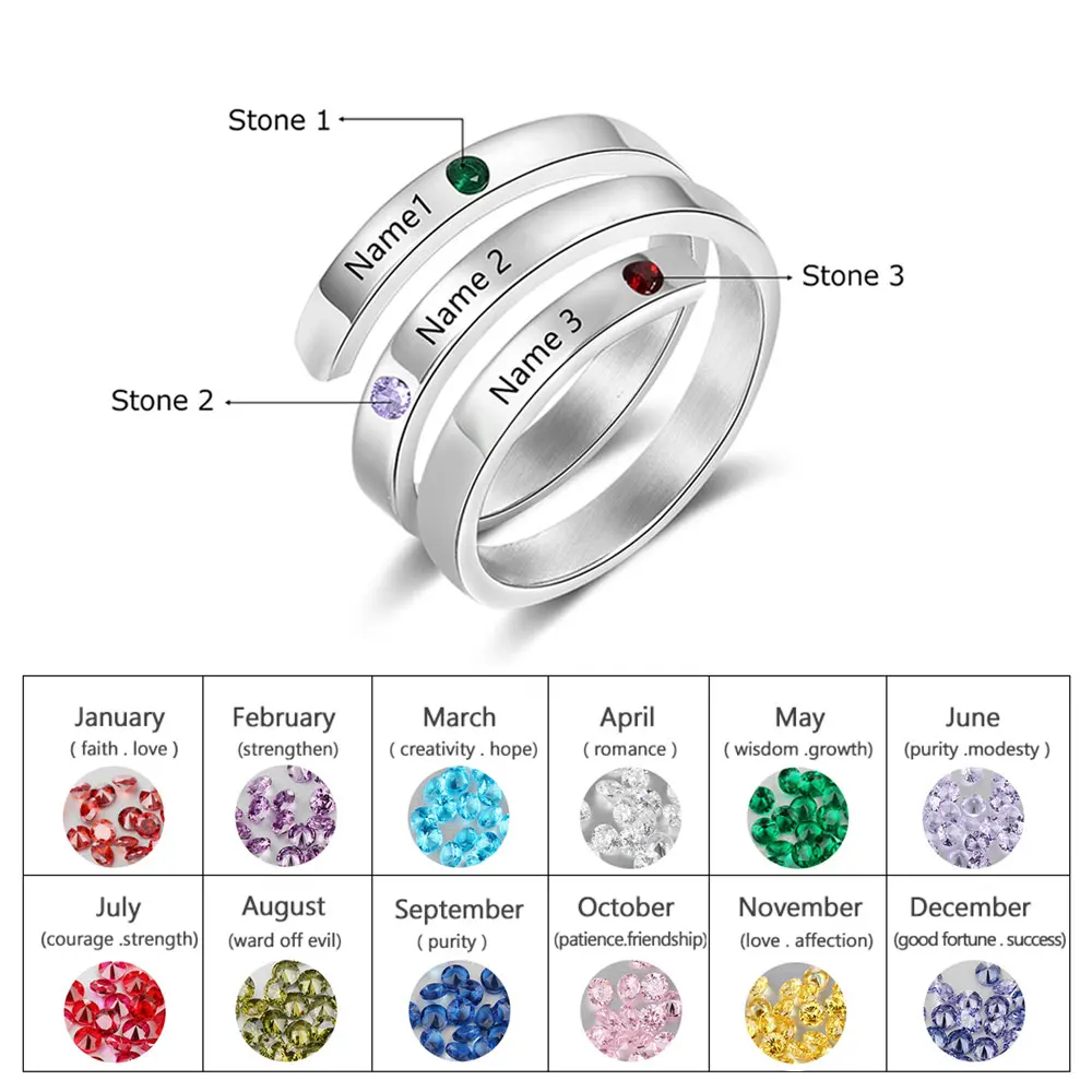 3 Names-Silver color Ювелирные изделия, персонализированные кольца для матерей, заказное имя, кольца с камнем для женщин, ювелирные изделия с гравировкой, подарки на годовщину для мамы - Цвет основного камня: 3 Names-Silver color