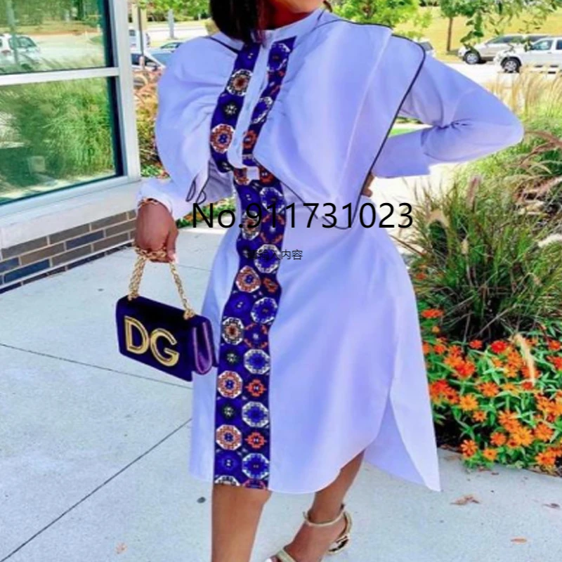 

Платье-рубашка женское в африканском стиле, вечернее Клубное белое пэчворк с большим бантом, модная повседневная одежда с длинным рукавом, ...