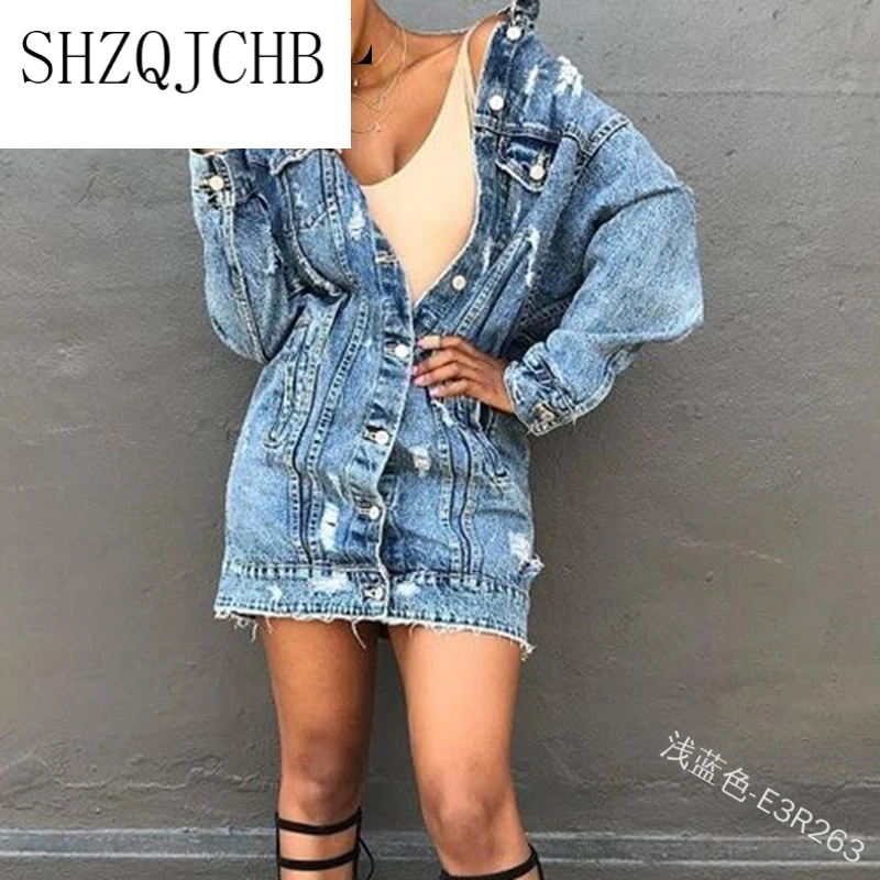 

JCHB Womens Blue Distressed Coat Button Long Sleeve Denim Ripped Jean Jacket Coat with Pockets Plus Size