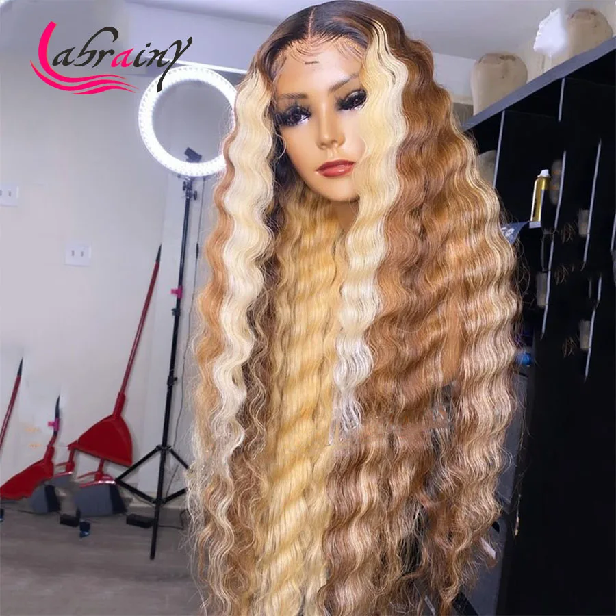 

40 дюймов 13x5 хайлайтер медовая блондинка глубокая волна HD кружевные фронтальные человеческие волосы парики Курчавые Кудрявые 613 блондинка ф...