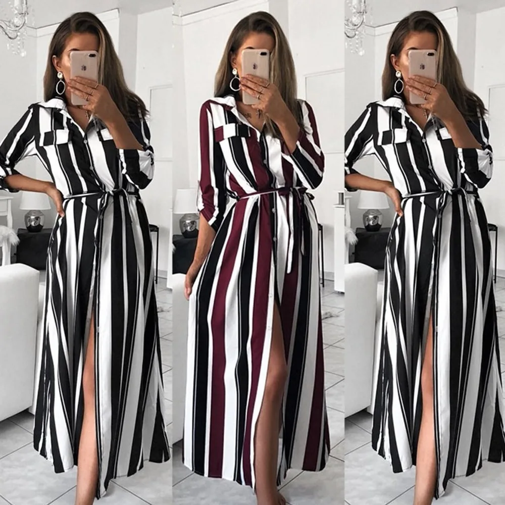 

Lugentolo Long Dress Women Single-breasted Striped Printed Long Sleeve Turn-down Collar Sashes Casual Fashion Summer Dress