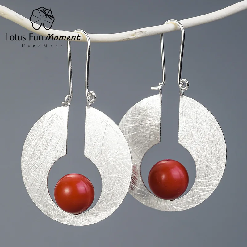 Silver red Lotus весело момент Настоящее серебро 925 проба Натуральный ручной работы дизайнер ювелирных украшений яркий круглый серьги-висюльки с Луной для Для женщин - Окраска металла: Silver red