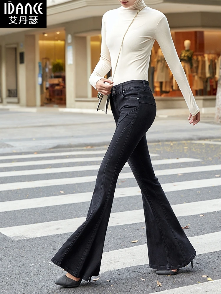 Free Shipping 2021 New Fashion Long Pants Women Flare Trousers 24-30 Size Denim Female Long Jeans High Waist Winter Black