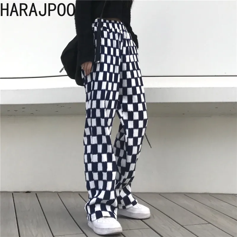

Брюки Harajpoo женские, весна-осень 2021, корейский стиль, повседневные, плиссированные, шахматные, с геометрическим узором