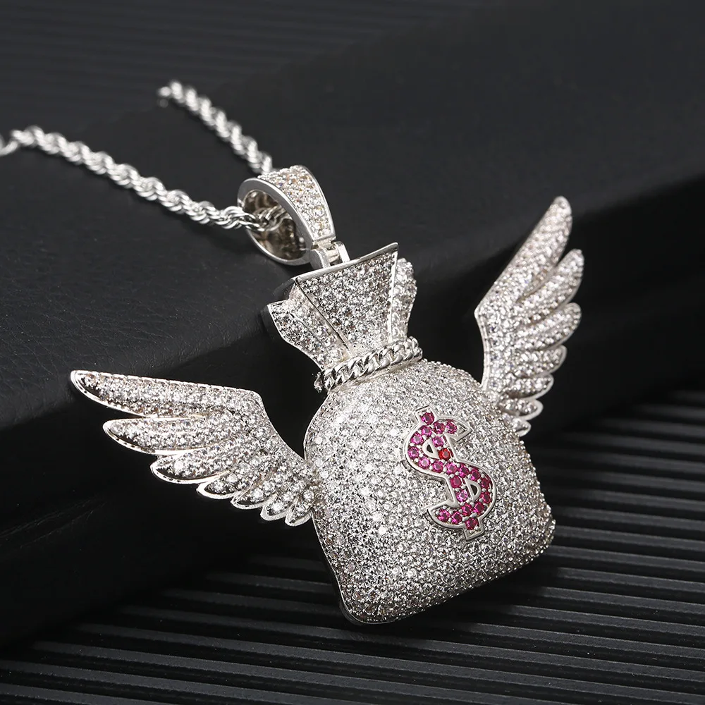 

Hip Hop Jewelry Moveon Dollar $ Symbol Purse Angel Wings Necklaces Ornament Rotate 3A Zrcon Charm Pendant For Women Men Gifts