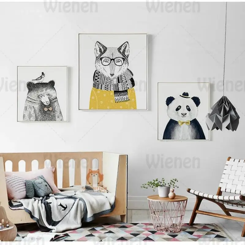 Картины с животными в скандинавском стиле Лев медведь панда волк современная
