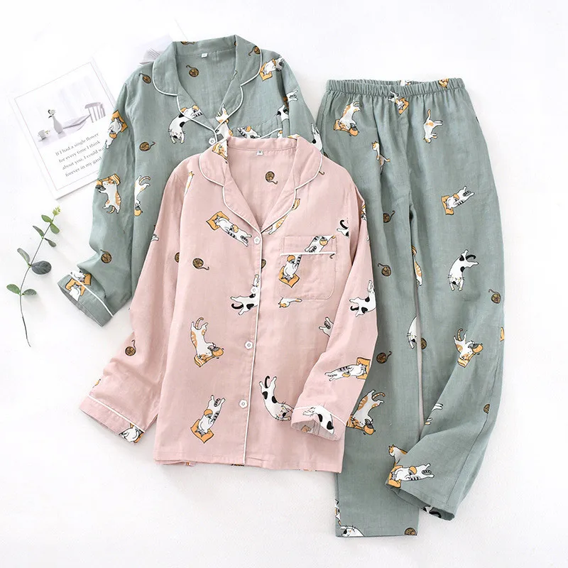 

Cotton Gauze Cartoon Print Women Pajama Breathable Soft Cozy Turn-Down Collar Shirt+Pants Ladies 2Pcs Sleepwear 2021 New Spring