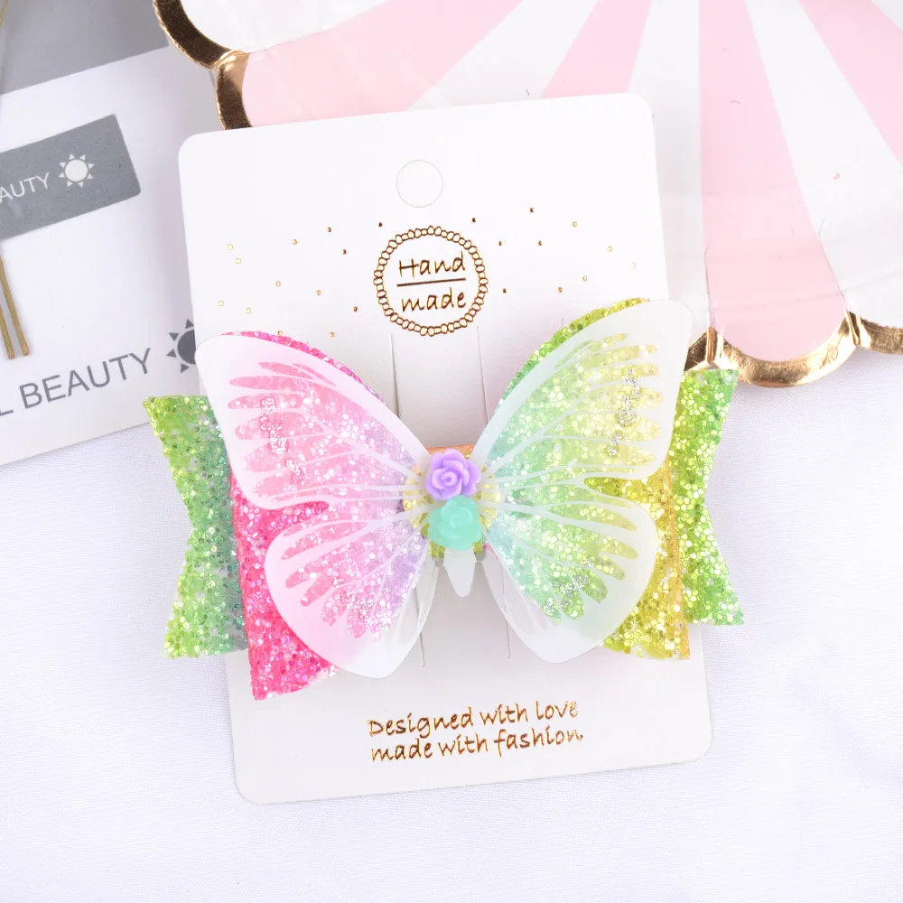

1pcs 3.5Inch Glitter Cartoon Bows Flower with Clip Newhandmade For Chlidren Gril Hairpin Bling Kids HairAccessories 091