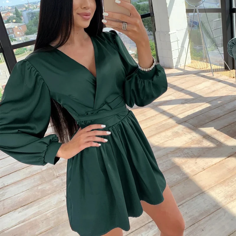 

Women Sexy Deep V-Neck Mini Dress Lantern Sleeve Solid Sashes Satin Party A line Dress 2021 Autumn New Office Lady Vintage Dress