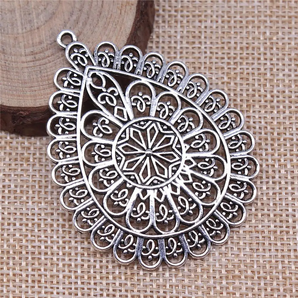 

Handmade Pendants For Jewelry Accessories 2pcs Hollow Flower-Shaped Water Drop Charms 59x44mm Antique Silver Plated