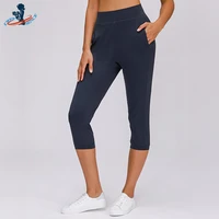 deepsence women yoga capri pants with pockets athletic fitness stretch sportswear anti sweat quick dry nylon calf length pants