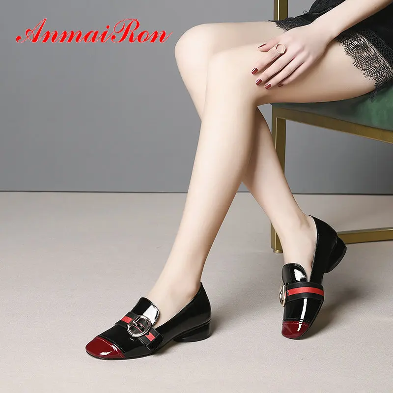 ANMAIRON 2020 Basic Patent Leather Square Toe Wedding Shoes Casual Slip-On  Pumps Women Shoes Riband Leisure Women Shoes 34-43