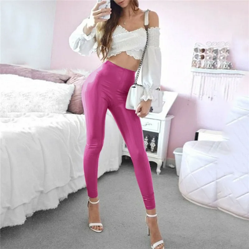 

2020 Womens Sexy High Waist Pants Solid Slim Soft Strethcy Shiny Wet Look Faux Leather Ladies Female PVC Trouser Pants Hot Sale
