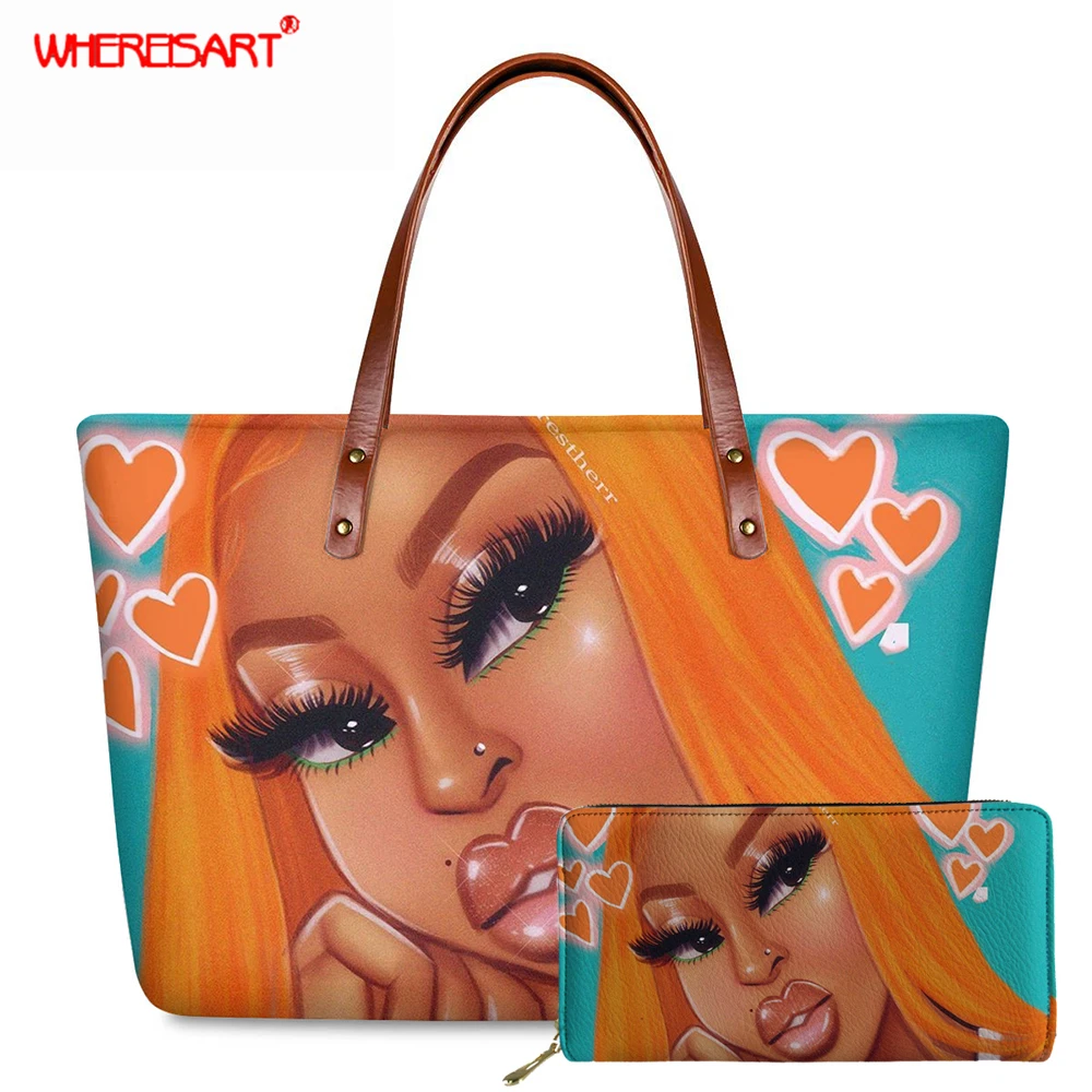 

WHEREISART 2pcs/set Black Queen African Handbag Women Luxury Shoulder Bag Ladies Travel Purse with PU Wallet Sac Main Femme