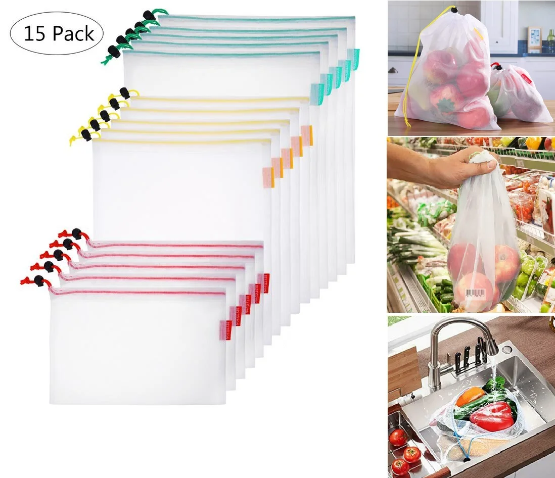 15PCS Kitchen Fruit Storage Bag Waterproof Washable Vegetable Mesh Pouches Drawstring Bags Travel Luggage Packing | Дом и сад