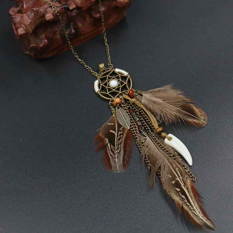 Vintage Punk Feather Women's necklace Ethnic Dream catcher Long pendant chain Bohemian fow women | Украшения и аксессуары