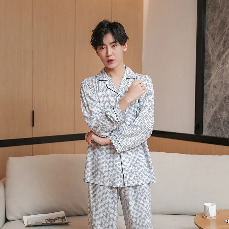 

Gray Men Plaid Homewear 2PCS Pajamas Suit Nightwear Intimate Lingerie Cotton Sleep Set Casual Turn-down Collar Sleepwear