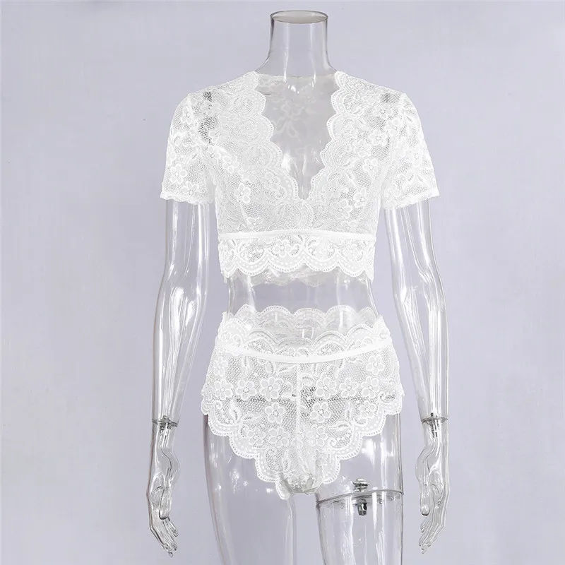 

2Pcs Women Underwear Set Solid Lace Floral Embroidery V-Neck Short Sleeves Crop Top High Waist Briefs Sexy Perspective