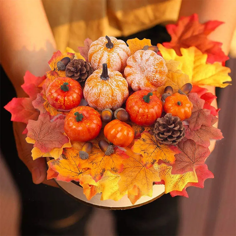 

50 шт. имитация тыквы, искусственные овощи, украшение на Хэллоуин для домашнего декора, золотой осенний кленовый лист, сосна, конус, желудь, пе...