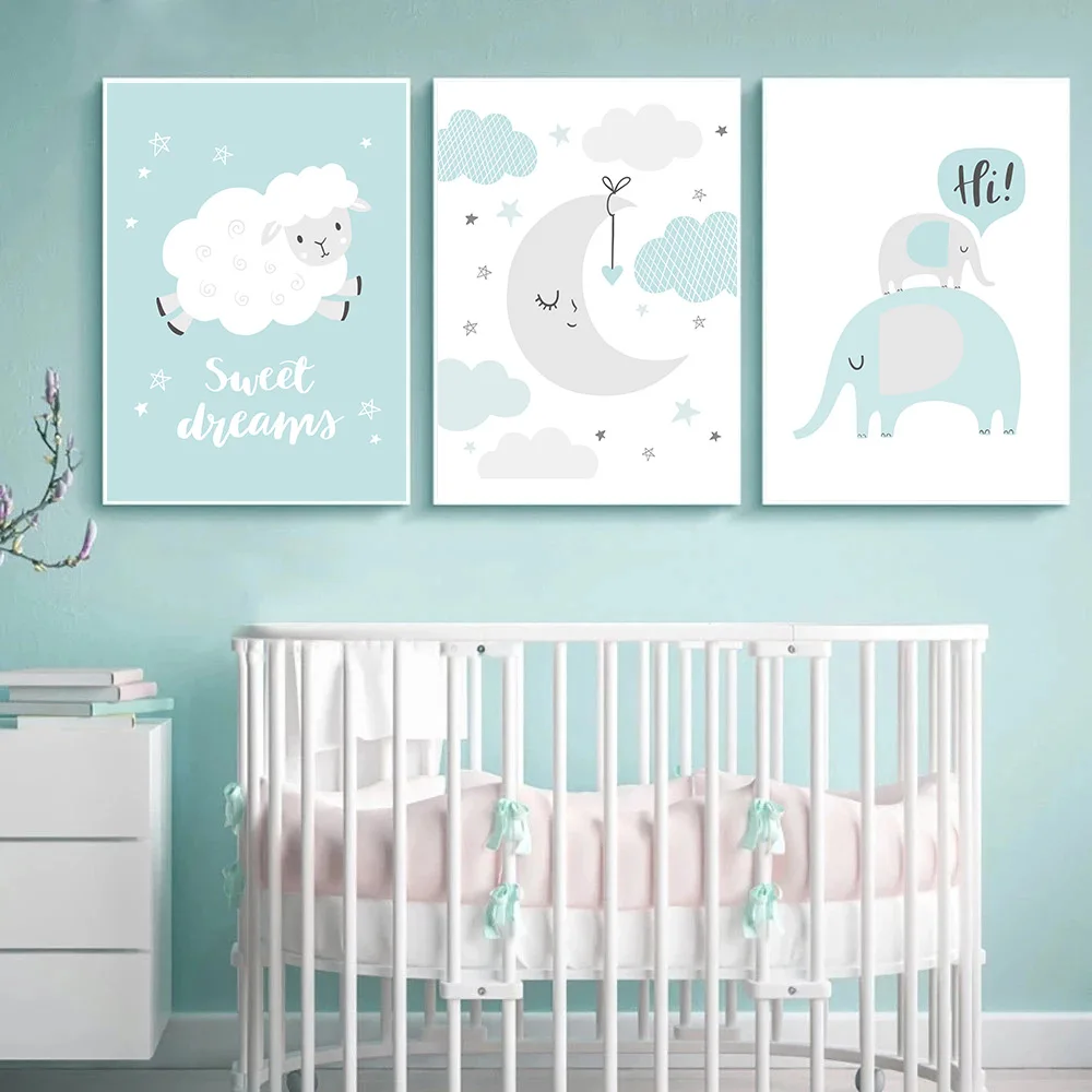 

Cartoon Sheep Elephant Wall Art Canvas Painting Posters and Prints lue Clouds Moon Nursery Nordic Wall Pictures Baby Room Decor