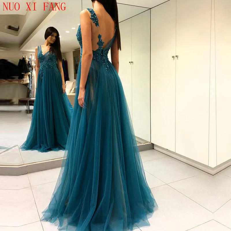 New Ink Blue Elegant V Neck Lace Appliques Tulle Evening Dresses Party Prom Formal Gown with Slit robe de soiree  Свадьбы