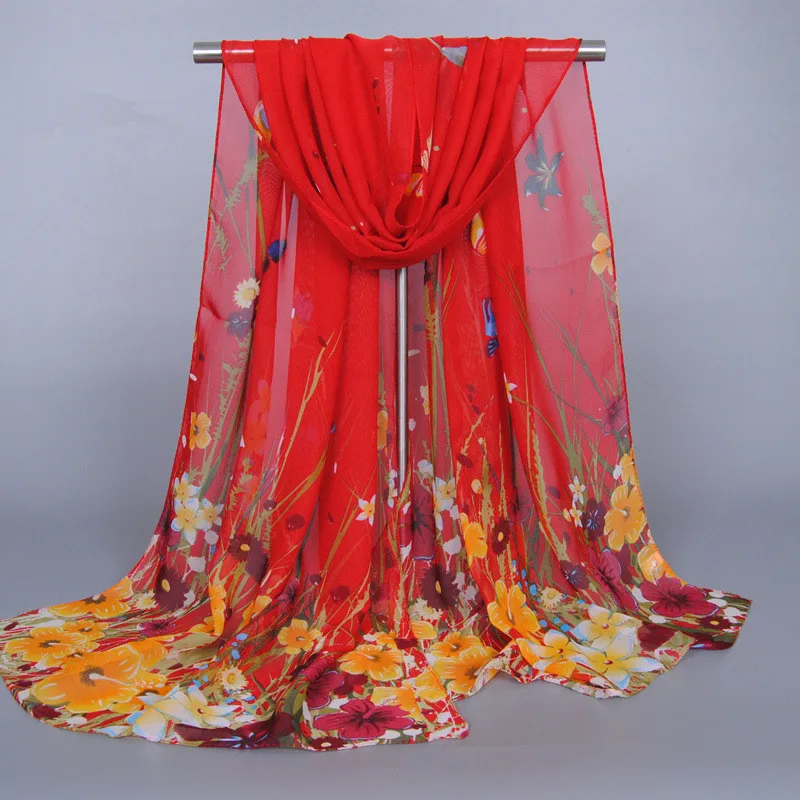 Шифоновый шелковый шарф с цветочным принтом женская Пляжная накидка парео шаль