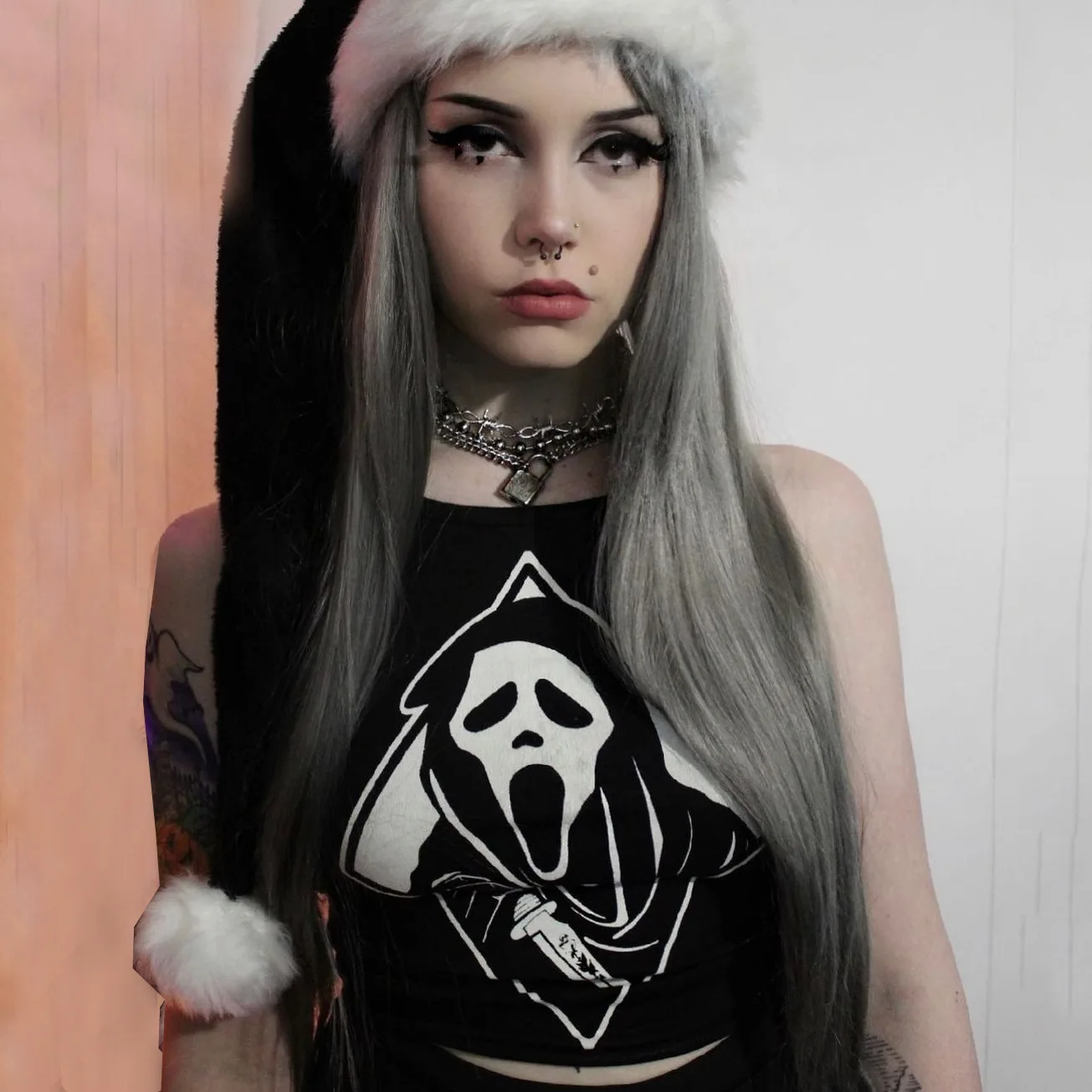 

Goth Tank Top Women Street Style Gothic Slim Cartoon Death Print Tops for Women Halter Sleeveless Navel Exposed Tops Summer 2021