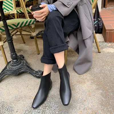 

Square Toe Flat Elastic Short Ankle Chelsea Boots For Women 2020 Autumn Winter Simple Rear Zipper Fashionable Black Single Boots