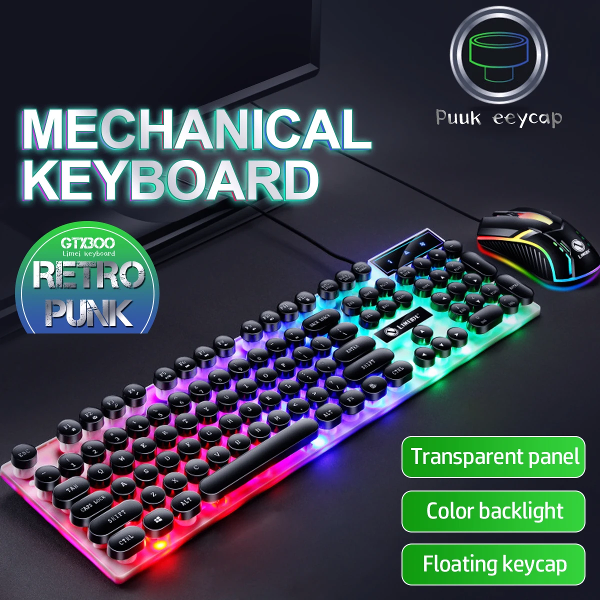 

ANMONE Gamer Mechanical Feel Keyboard 104 Keys Retro Gtx300 Punk Round Keycap Backlit LED Keyboards For Gamers PC Laptop Notbook