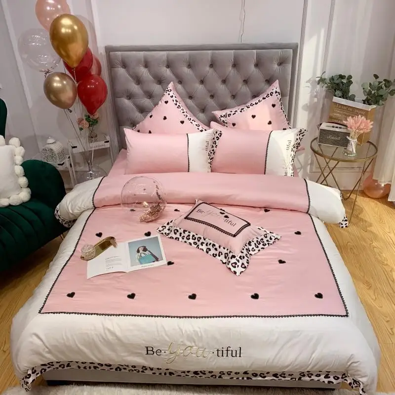 

Princess Style Pink Lady Lace Embroidery Egyptian Cotton Bedding Set Luxury King Queen Jpcs Duvet Cover Bed Sheet parure de lit
