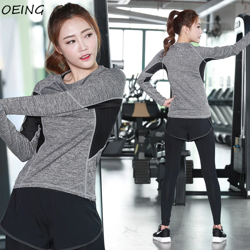 

2 Piece Sets Womens Yoga Bliker Short Dry Fit Fitness Workout Patchwork Long Sleeve Gym Clothing