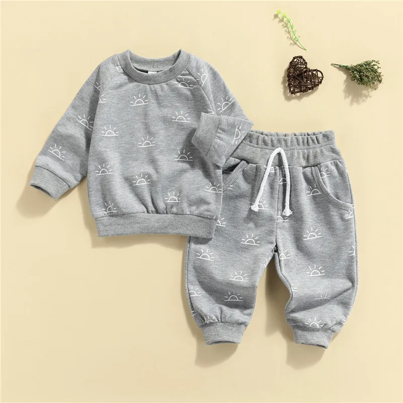 

0-3Y Spring Autumn Toddler Kids Baby Boys Girls Clothes Sets Sun Pattern Print Long Sleeve Pullover Sweatshirt Tops Pocket Pants