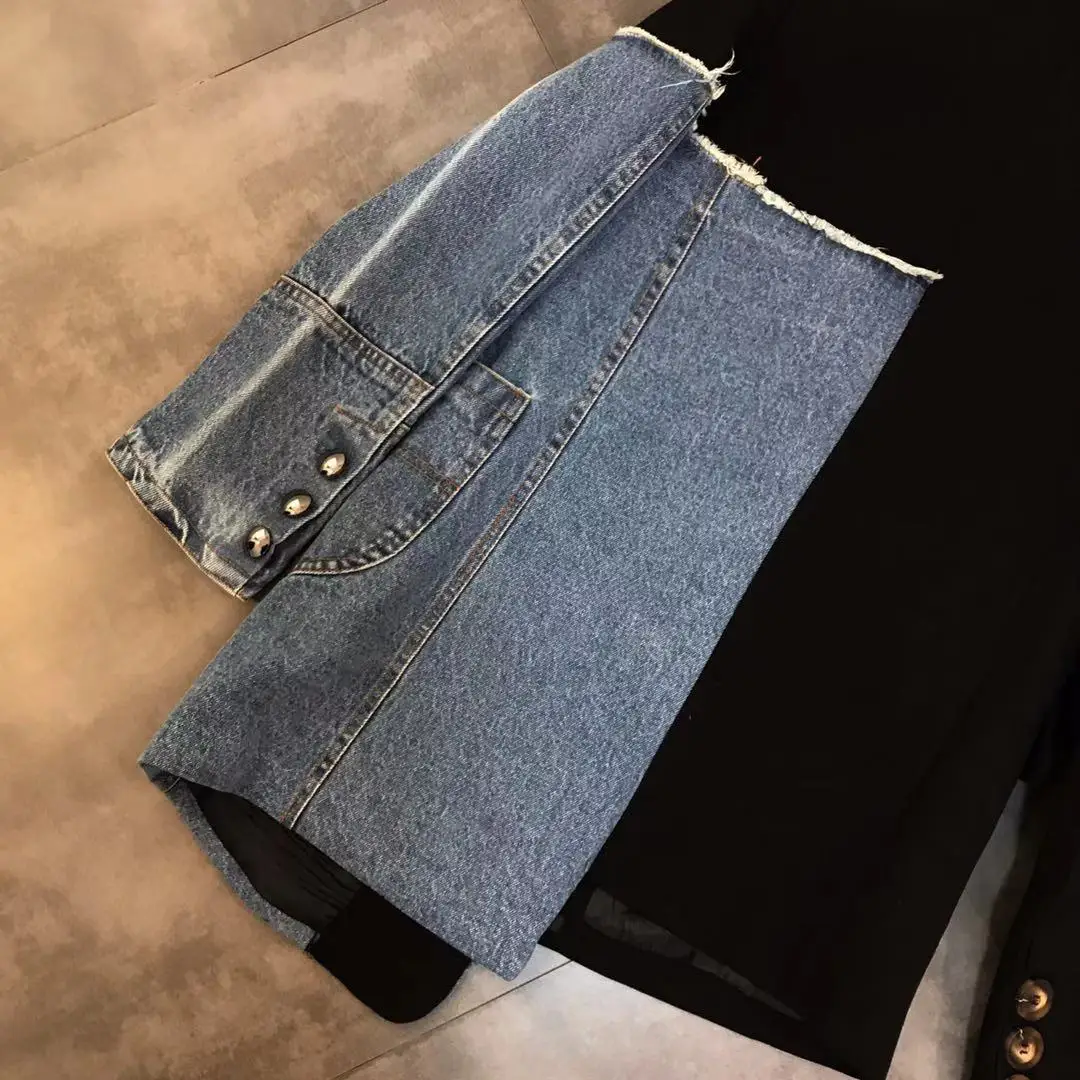 

ZCSMLL Patchwork Denim Women Jacket Turn-down Collar Long Sleeve Irregular 2021 New Autumn Fashion Female Loose Coat Tide